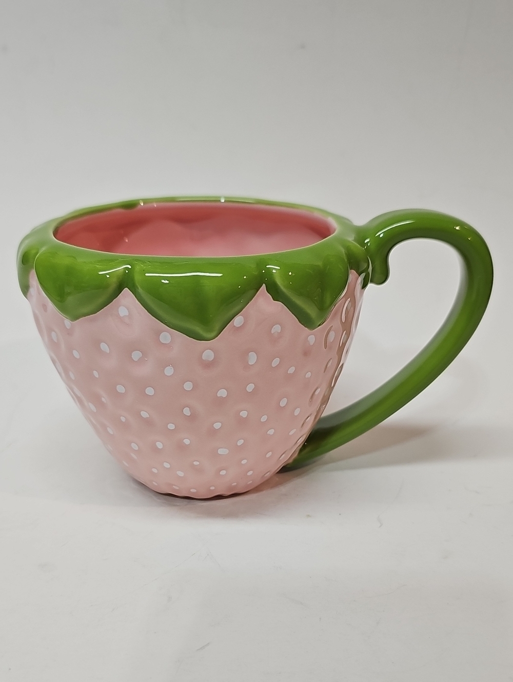 Urban Outfitters Home Pink Strawberry-Shaped Ceramic Mug with Green Handle